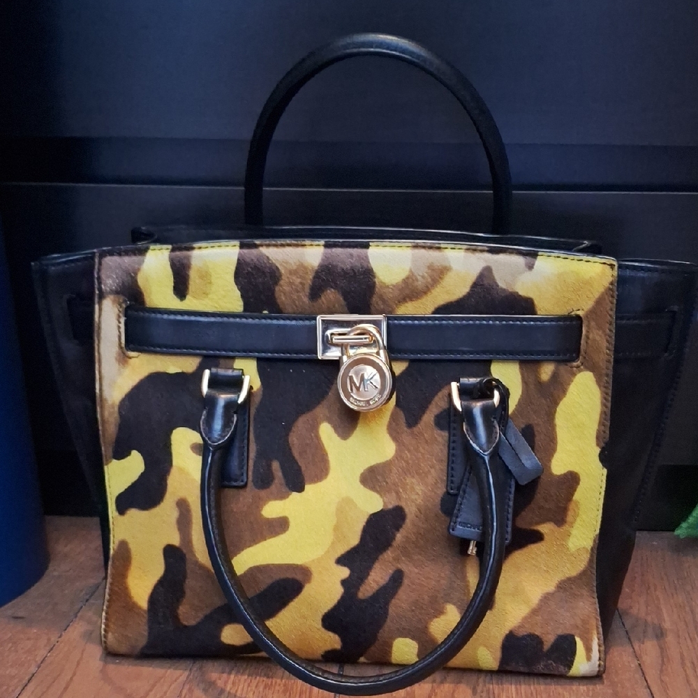 Michael Kors Hamilton Yellow and Brown Camouflage Satchel Leather Bag